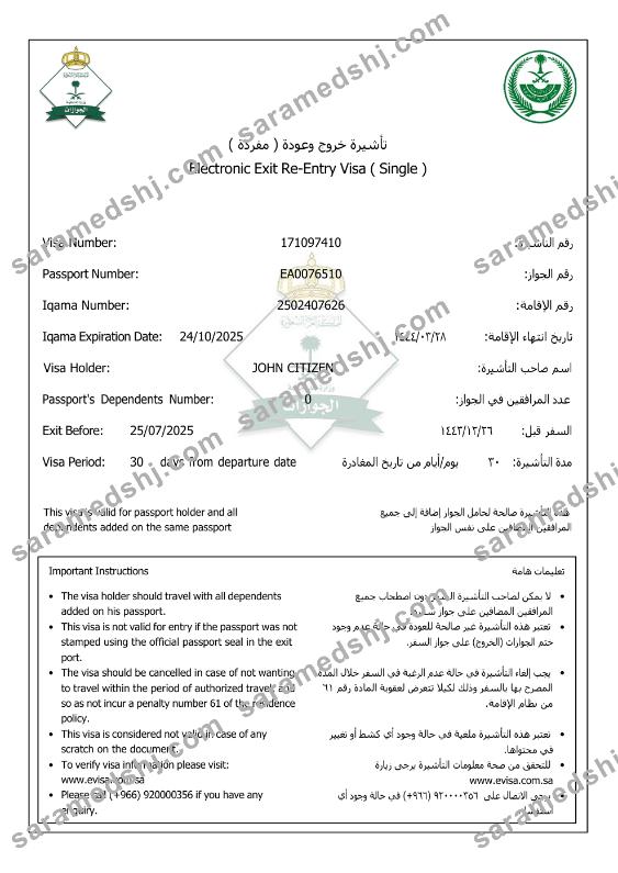 Saudi Arabia e-visa template in Word and PDF formats, version 3